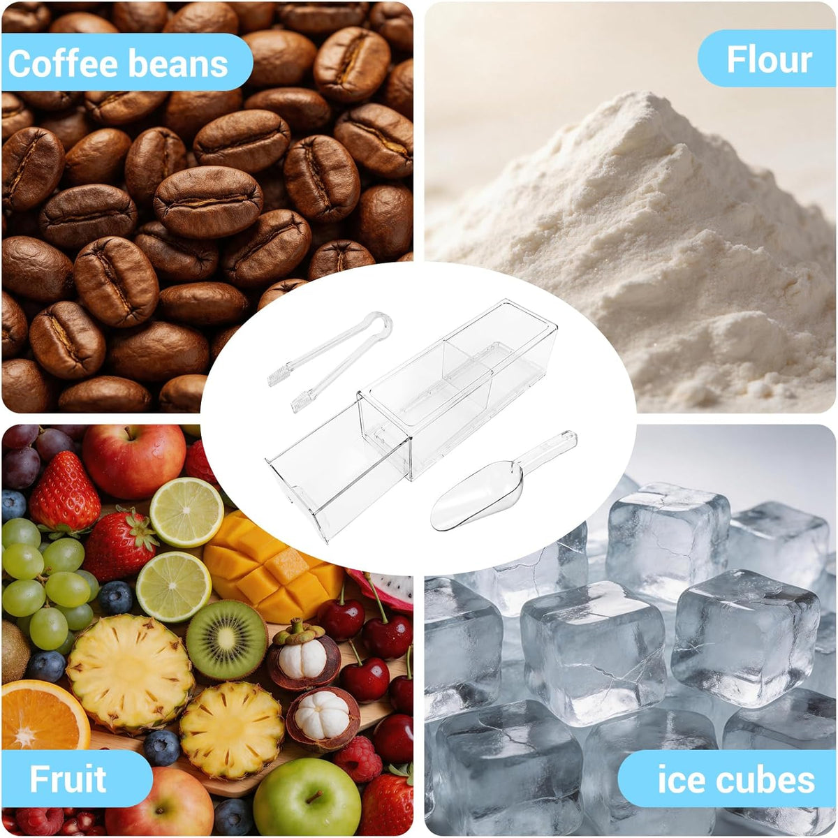 2 Pcs Large Stackable Ice Bucket for freezer with Front Slide-Out Drawer and Freezer, Scoop & Tongs Set Ice Holder for Home Office Fridge Storage(13.7x 4.7x 4.3in)