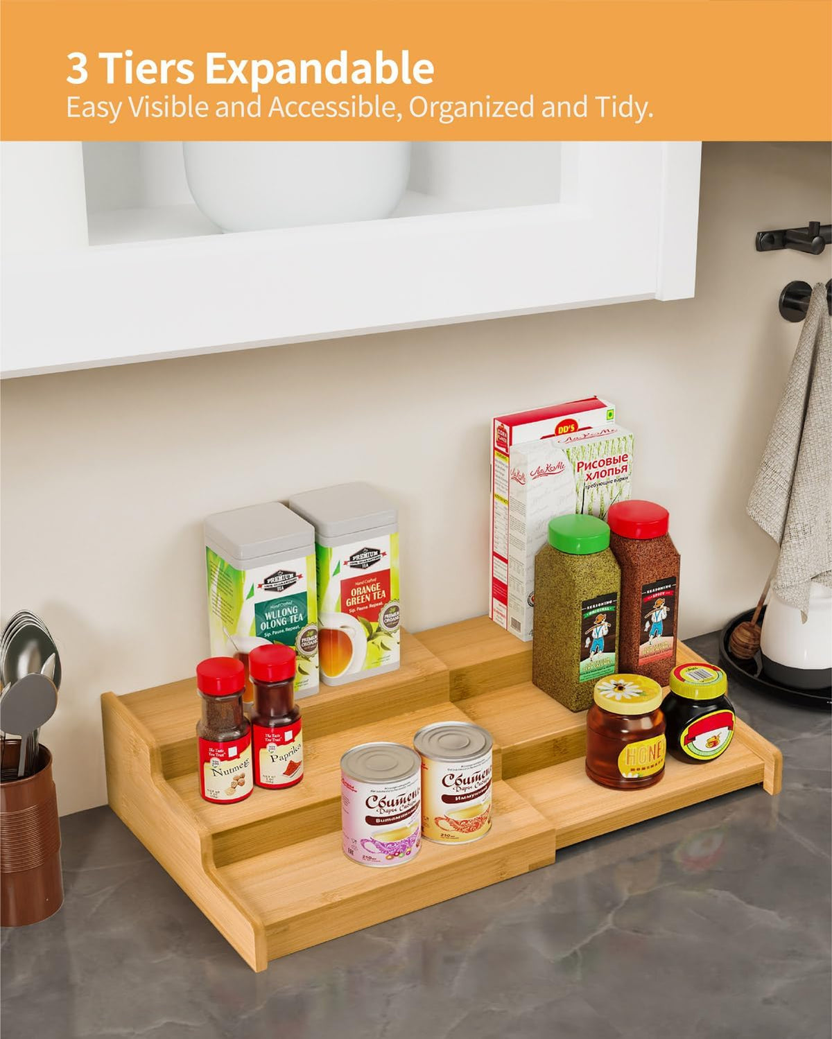 Spice Rack, 3-Tier Expandable Bamboo Spice Rack Organizer for Cabinet - Kitchen, Pantry and Cupboard Storage Organizer