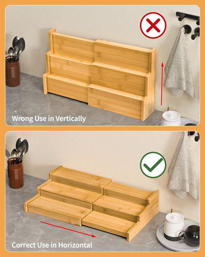 Spice Rack, 3-Tier Expandable Bamboo Spice Rack Organizer for Cabinet - Kitchen, Pantry and Cupboard Storage Organizer