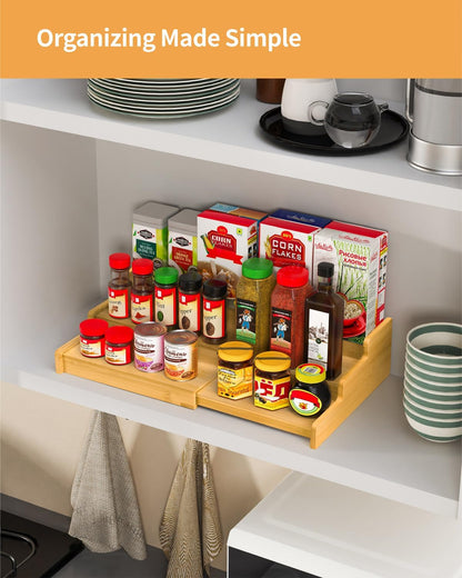 Spice Rack, 3-Tier Expandable Bamboo Spice Rack Organizer for Cabinet - Kitchen, Pantry and Cupboard Storage Organizer