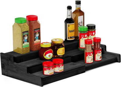 Spice Rack, 3-Tier Expandable Bamboo Spice Rack Organizer for Cabinet - Kitchen, Pantry and Cupboard Storage Organizer