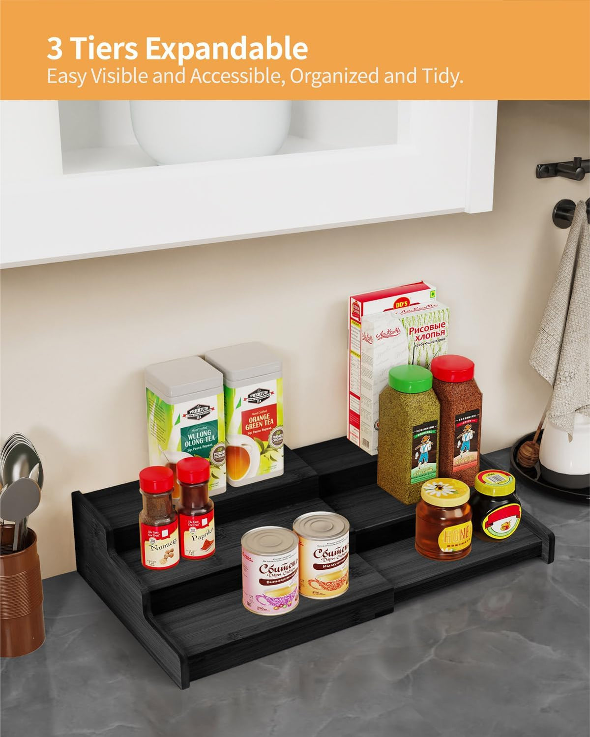 Spice Rack, 3-Tier Expandable Bamboo Spice Rack Organizer for Cabinet - Kitchen, Pantry and Cupboard Storage Organizer