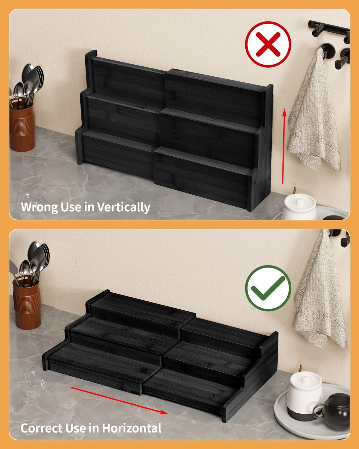 Spice Rack, 3-Tier Expandable Bamboo Spice Rack Organizer for Cabinet - Kitchen, Pantry and Cupboard Storage Organizer
