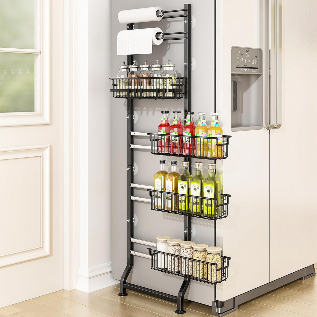 BUKFEN 6-Tier Slim Corner Shelf, Spice Rack Next to Fridge Slim, Narrow Storage Cabinet Organizer for Kitchen, Bathroom, Laundry Room
