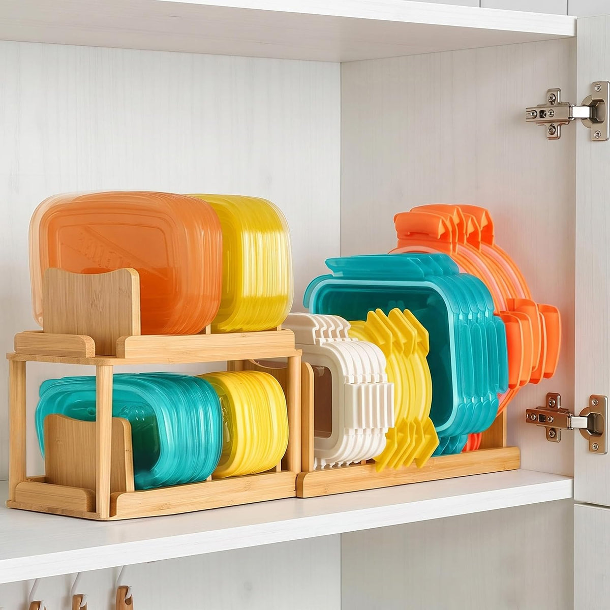2-Tier Bamboo Container Lid Organizer with Dividers for Cabinet | Natural Bamboo, Moisture-Resistant, Removable Dividers, 2-Tier or Separate, for Drawers Countertops, Fits Small to Large Lids