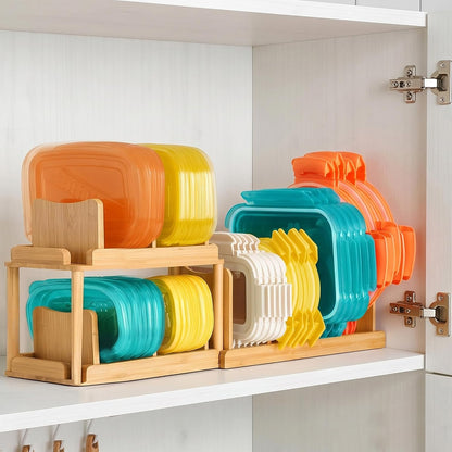 2-Tier Bamboo Container Lid Organizer with Dividers for Cabinet | Natural Bamboo, Moisture-Resistant, Removable Dividers, 2-Tier or Separate, for Drawers Countertops, Fits Small to Large Lids