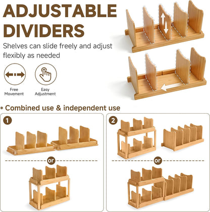 2-Tier Bamboo Container Lid Organizer with Dividers for Cabinet | Natural Bamboo, Moisture-Resistant, Removable Dividers, 2-Tier or Separate, for Drawers Countertops, Fits Small to Large Lids