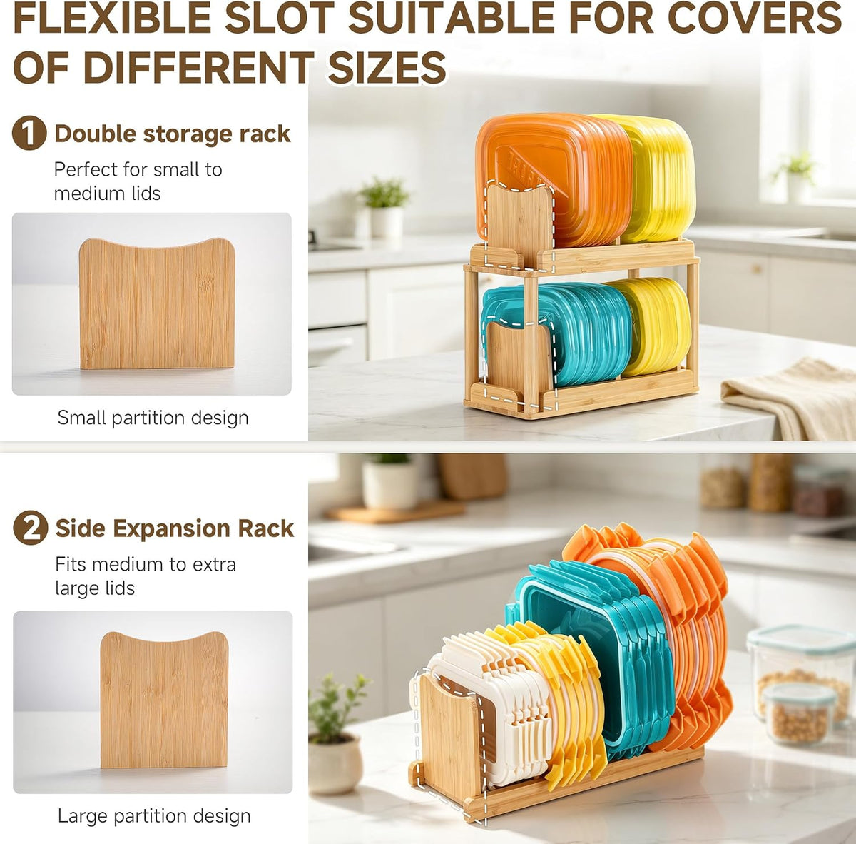 2-Tier Bamboo Container Lid Organizer with Dividers for Cabinet | Natural Bamboo, Moisture-Resistant, Removable Dividers, 2-Tier or Separate, for Drawers Countertops, Fits Small to Large Lids