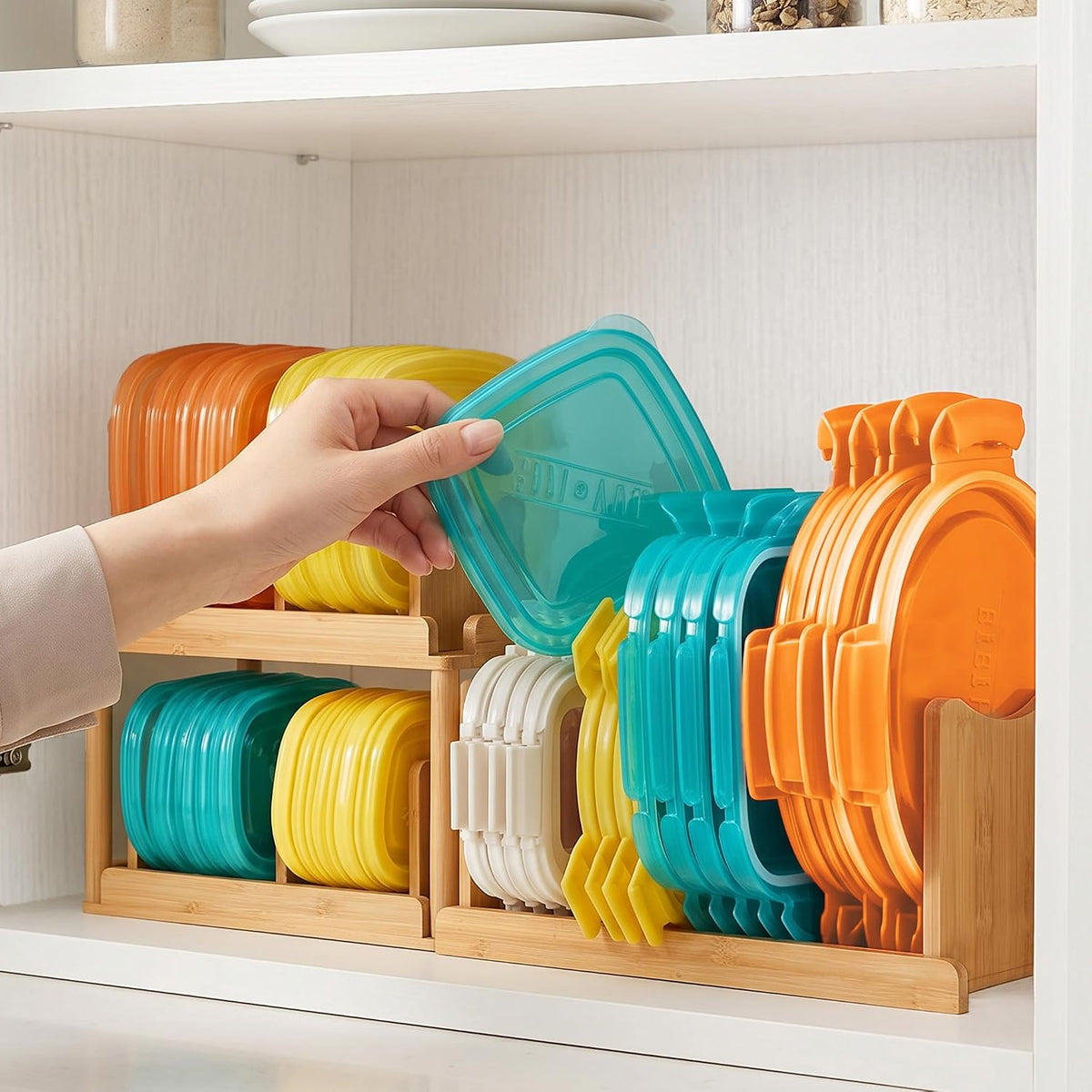2-Tier Bamboo Container Lid Organizer with Dividers for Cabinet | Natural Bamboo, Moisture-Resistant, Removable Dividers, 2-Tier or Separate, for Drawers Countertops, Fits Small to Large Lids