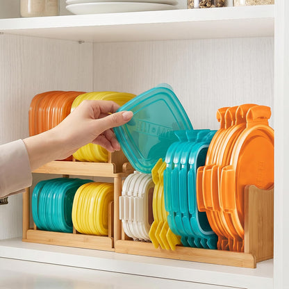 2-Tier Bamboo Container Lid Organizer with Dividers for Cabinet | Natural Bamboo, Moisture-Resistant, Removable Dividers, 2-Tier or Separate, for Drawers Countertops, Fits Small to Large Lids