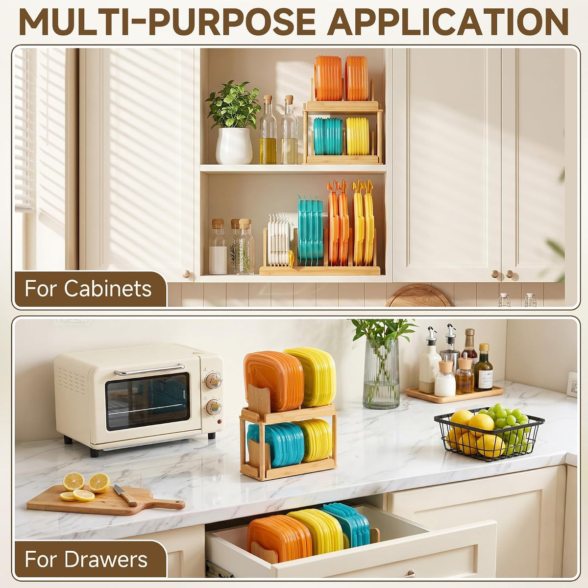 2-Tier Bamboo Container Lid Organizer with Dividers for Cabinet | Natural Bamboo, Moisture-Resistant, Removable Dividers, 2-Tier or Separate, for Drawers Countertops, Fits Small to Large Lids
