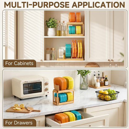2-Tier Bamboo Container Lid Organizer with Dividers for Cabinet | Natural Bamboo, Moisture-Resistant, Removable Dividers, 2-Tier or Separate, for Drawers Countertops, Fits Small to Large Lids