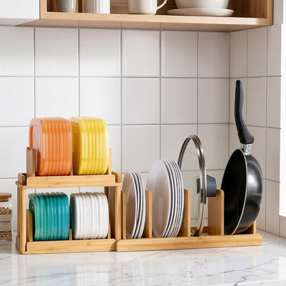 2-Tier Bamboo Container Lid Organizer with Dividers for Cabinet | Natural Bamboo, Moisture-Resistant, Removable Dividers, 2-Tier or Separate, for Drawers Countertops, Fits Small to Large Lids