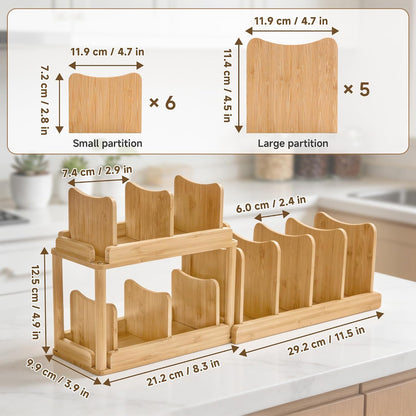2-Tier Bamboo Container Lid Organizer with Dividers for Cabinet | Natural Bamboo, Moisture-Resistant, Removable Dividers, 2-Tier or Separate, for Drawers Countertops, Fits Small to Large Lids