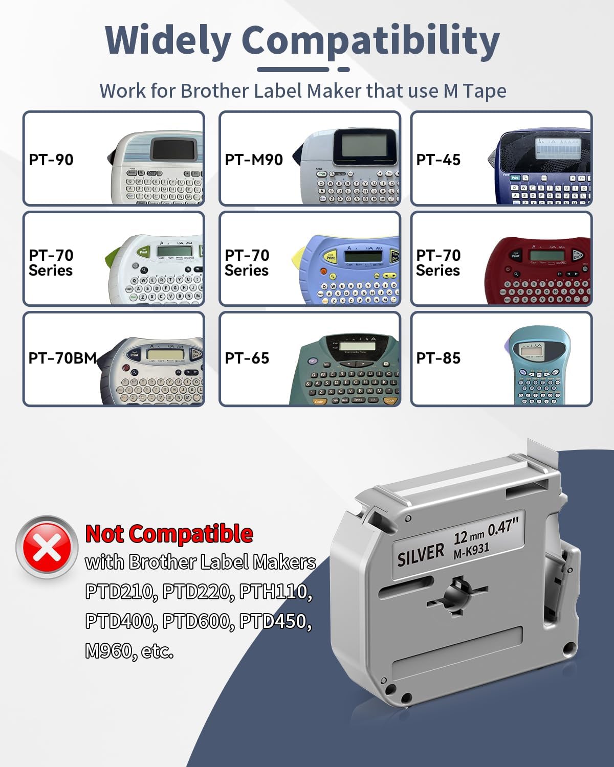 M-K231 M Tape Replace for Brother P-Touch M-K231s MK231 M-231 M231 | PTM95 Label Tape 12mm 0.47 White Non-Laminated for Brother PT-M95 PT-65 PT-45 PT-70 PT85 PT90 Label Maker Refills, 4-Pack