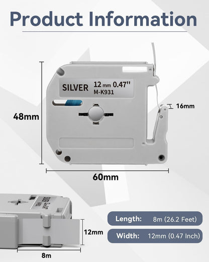M-K231 M Tape Replace for Brother P-Touch M-K231s MK231 M-231 M231 | PTM95 Label Tape 12mm 0.47 White Non-Laminated for Brother PT-M95 PT-65 PT-45 PT-70 PT85 PT90 Label Maker Refills, 4-Pack
