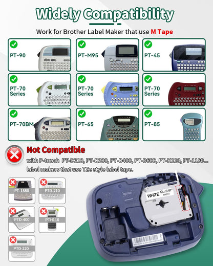 M-K231 M Tape Replace for Brother P-Touch M-K231s MK231 M-231 M231 | PTM95 Label Tape 12mm 0.47 White Non-Laminated for Brother PT-M95 PT-65 PT-45 PT-70 PT85 PT90 Label Maker Refills, 4-Pack