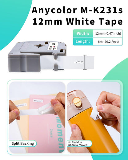 M-K231 M Tape Replace for Brother P-Touch M-K231s MK231 M-231 M231 | PTM95 Label Tape 12mm 0.47 White Non-Laminated for Brother PT-M95 PT-65 PT-45 PT-70 PT85 PT90 Label Maker Refills, 4-Pack
