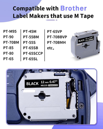 M-K231 M Tape Replace for Brother P-Touch M-K231s MK231 M-231 M231 | PTM95 Label Tape 12mm 0.47 White Non-Laminated for Brother PT-M95 PT-65 PT-45 PT-70 PT85 PT90 Label Maker Refills, 4-Pack