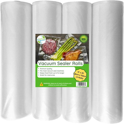 11" x 25' Vacuum Sealer Rolls, 4 Pack | 15% THICKER Embossing | Compatible with FoodSaver Machines, BPA Free, Commercial Grade Food Sealer Bags