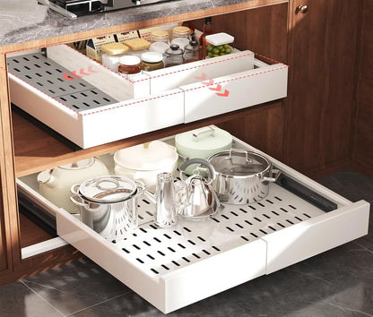 Pull Out Cabinet Organizer,4-Side Expandable to Maximize Cabinet Space,Slide Out Drawers with 3 Rail Design,Roll Out Shelf with Raising Pad for Framed Cabinet,13"-21"W x 17"-24"D,White,2 Pack