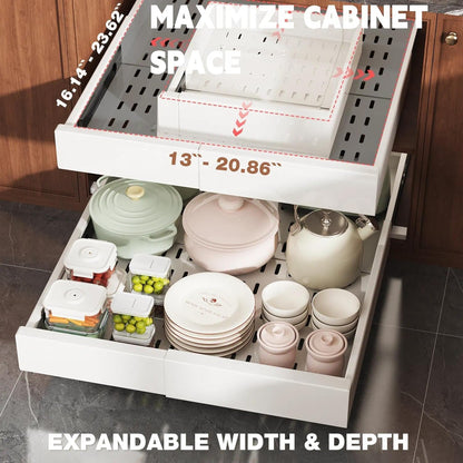 Pull Out Cabinet Organizer,4-Side Expandable to Maximize Cabinet Space,Slide Out Drawers with 3 Rail Design,Roll Out Shelf with Raising Pad for Framed Cabinet,13"-21"W x 17"-24"D,White,2 Pack