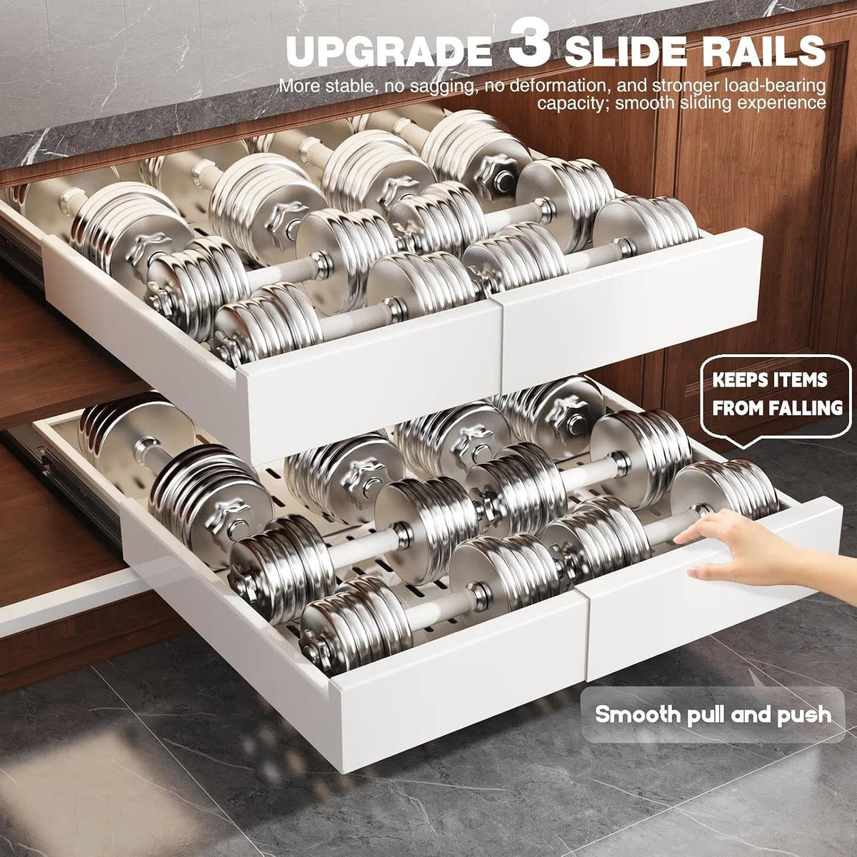 Pull Out Cabinet Organizer,4-Side Expandable to Maximize Cabinet Space,Slide Out Drawers with 3 Rail Design,Roll Out Shelf with Raising Pad for Framed Cabinet,13"-21"W x 17"-24"D,White,2 Pack