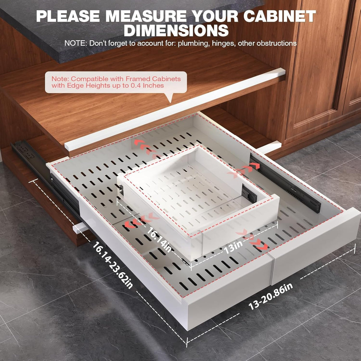 Pull Out Cabinet Organizer,4-Side Expandable to Maximize Cabinet Space,Slide Out Drawers with 3 Rail Design,Roll Out Shelf with Raising Pad for Framed Cabinet,13"-21"W x 17"-24"D,White,2 Pack