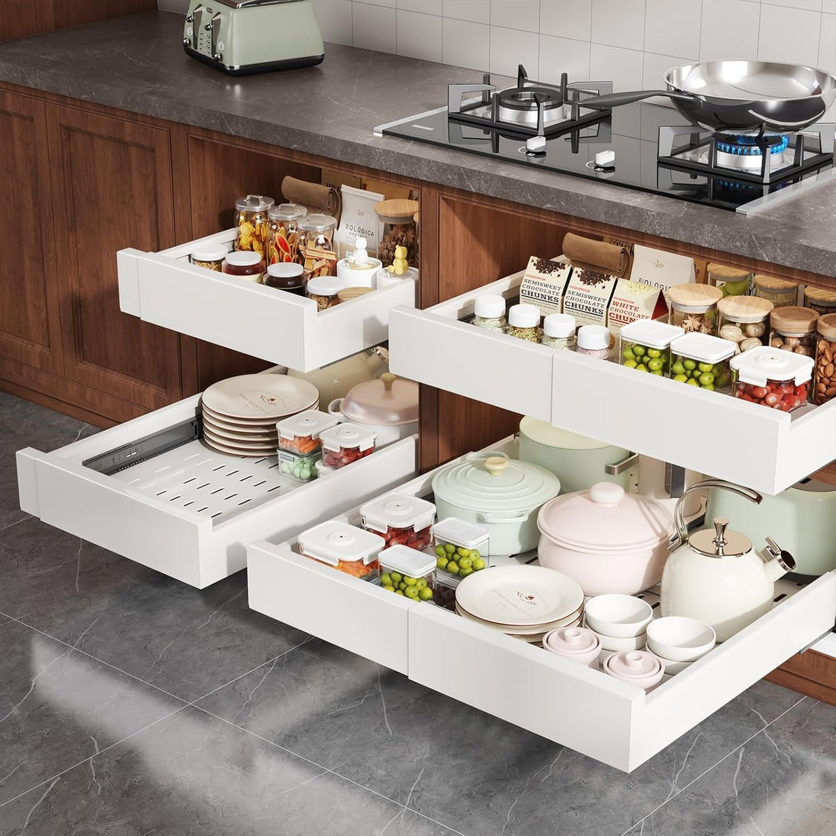 Pull Out Cabinet Organizer,4-Side Expandable to Maximize Cabinet Space,Slide Out Drawers with 3 Rail Design,Roll Out Shelf with Raising Pad for Framed Cabinet,13"-21"W x 17"-24"D,White,2 Pack