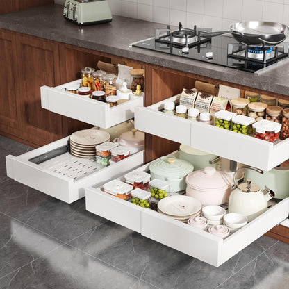 Pull Out Cabinet Organizer,4-Side Expandable to Maximize Cabinet Space,Slide Out Drawers with 3 Rail Design,Roll Out Shelf with Raising Pad for Framed Cabinet,13"-21"W x 17"-24"D,White,2 Pack