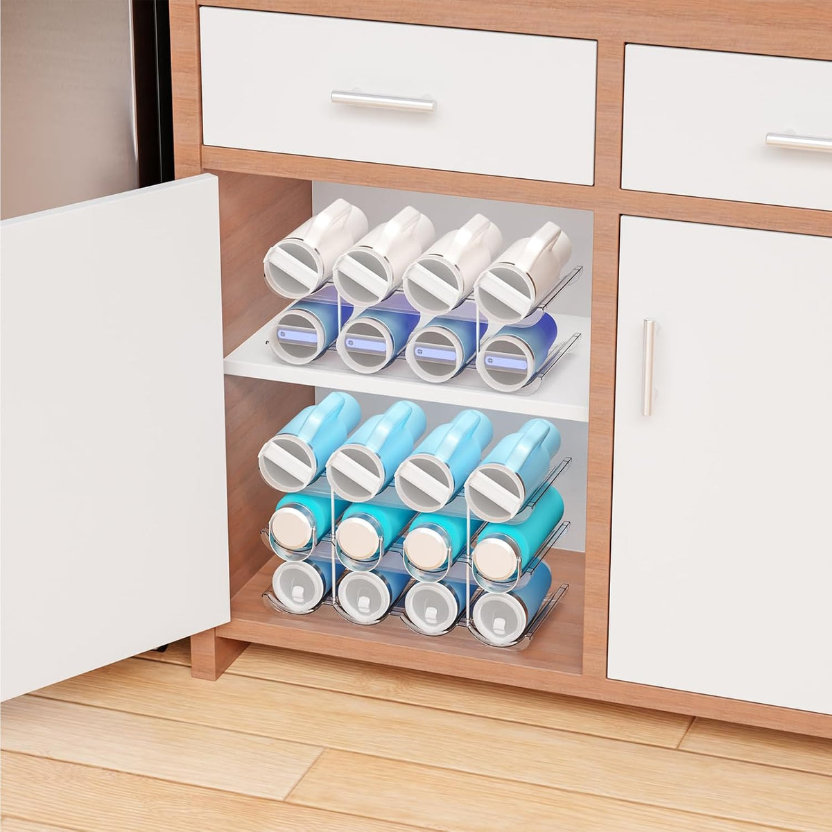 2 Tier Water Bottle Holder for Cabinet,Acrylic Wine Rack and Stackable Water Bottle Organizer for Pantry - Waterbottle Organizer for 40 oz Stanley Cup Holder and Other Tumbler Organizers