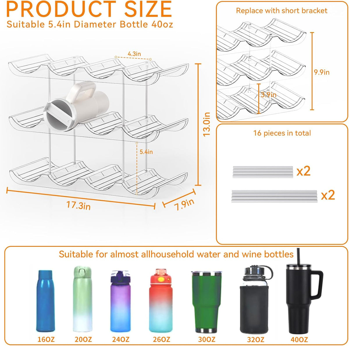 2 Tier Water Bottle Holder for Cabinet,Acrylic Wine Rack and Stackable Water Bottle Organizer for Pantry - Waterbottle Organizer for 40 oz Stanley Cup Holder and Other Tumbler Organizers