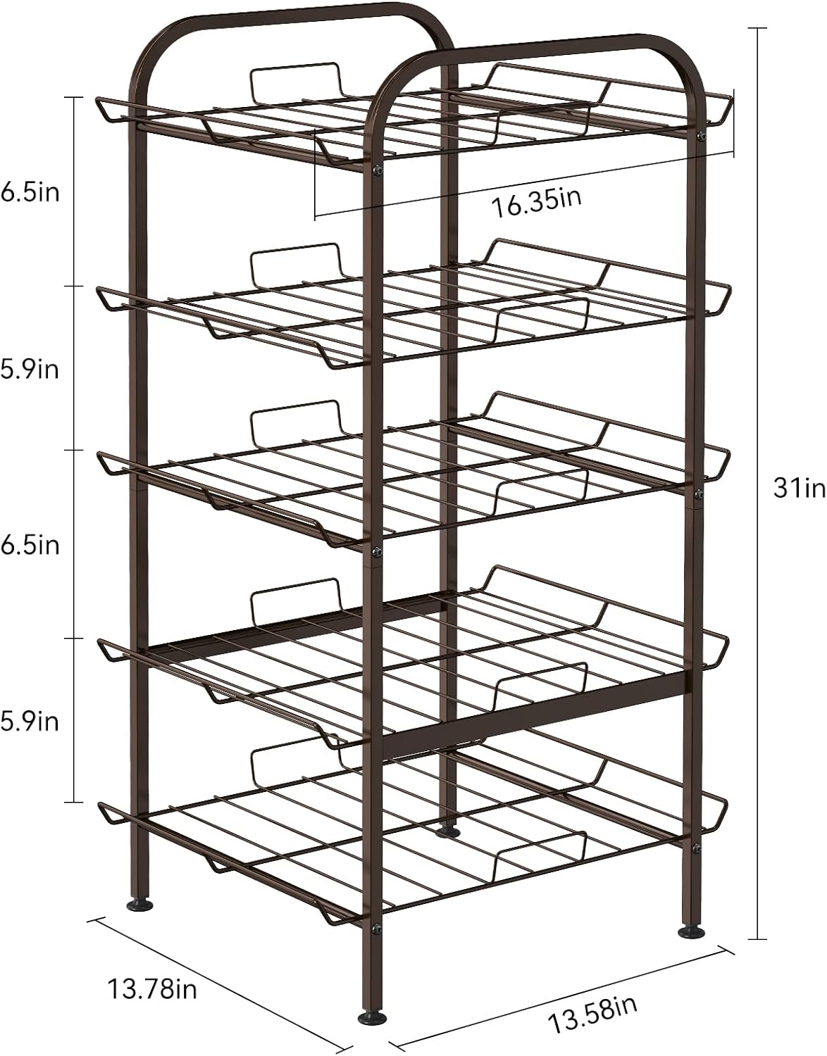 5 Tier Water Bottle Organizer Vertical Free Standing Storage Shelf Metal Beverage Rack Dispenser Large Capacity Bottled Water Holder Stand for Kitchen Party Pantry, Bronze