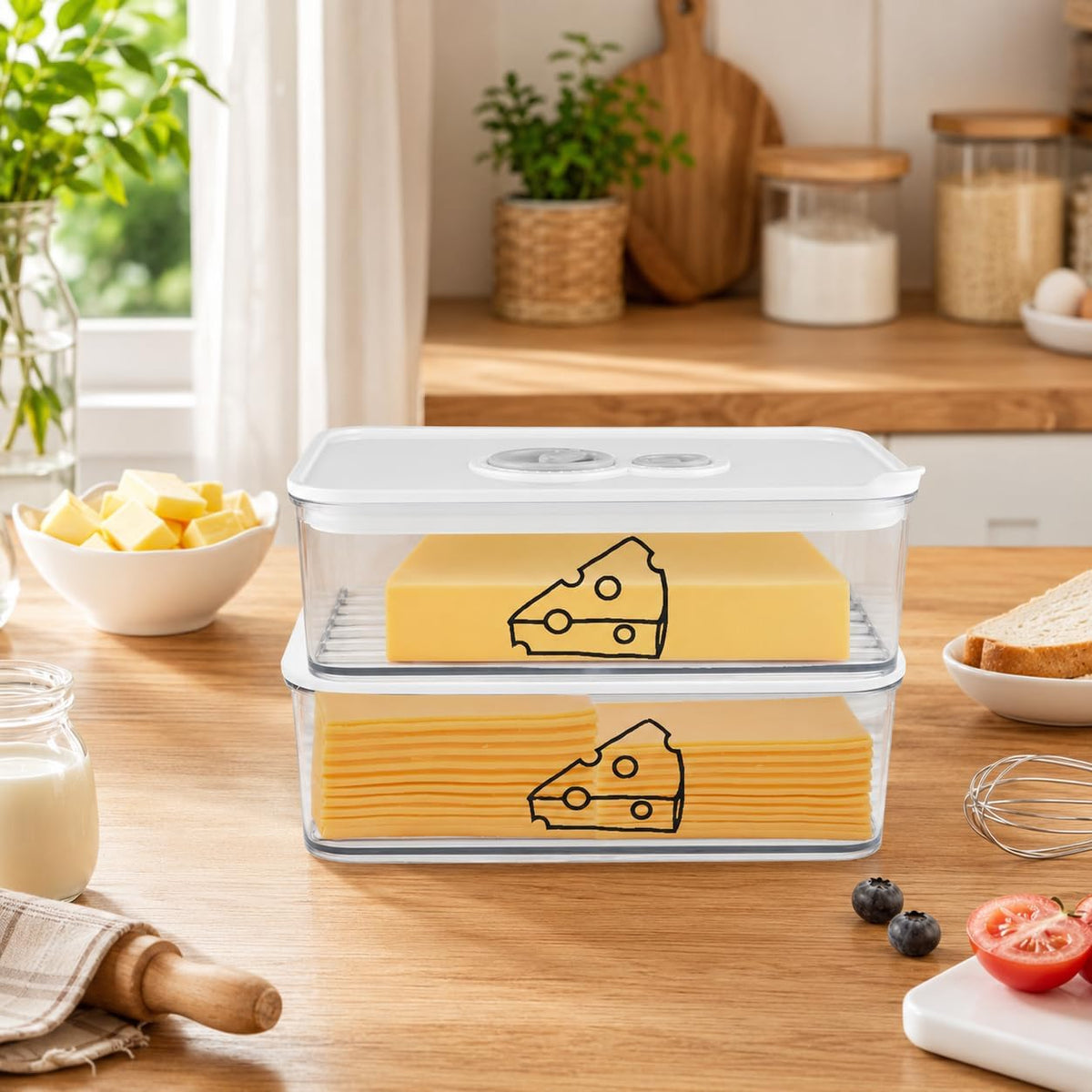 2 Pcs Cheese Container for Refrigerator,Cream Cheeses Storage Box,Cheese Keeper with Airtight Lid and Time Recording,BPA-Free Kitchen Storage Organizer Sliced,Grated,Cheddar Cheeses Saver