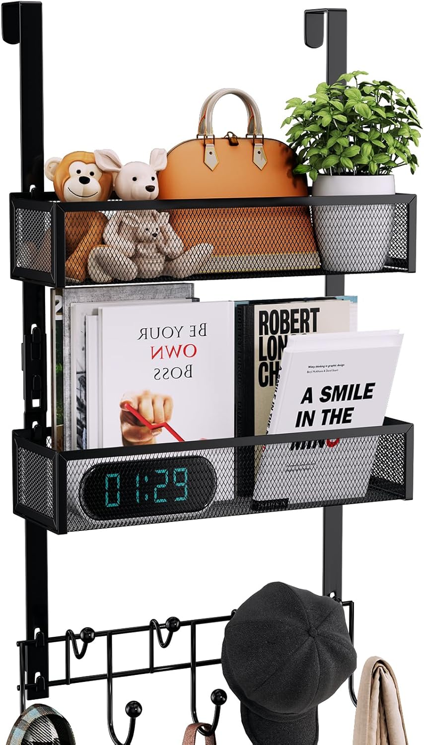 Over The Door Hooks Organizer - 3 Tier Door Hanger with 9 Coat Hooks & 2 Mesh Basket, Back Storage Organizer Hanging Towels for Bathroom, Bedroom, Black