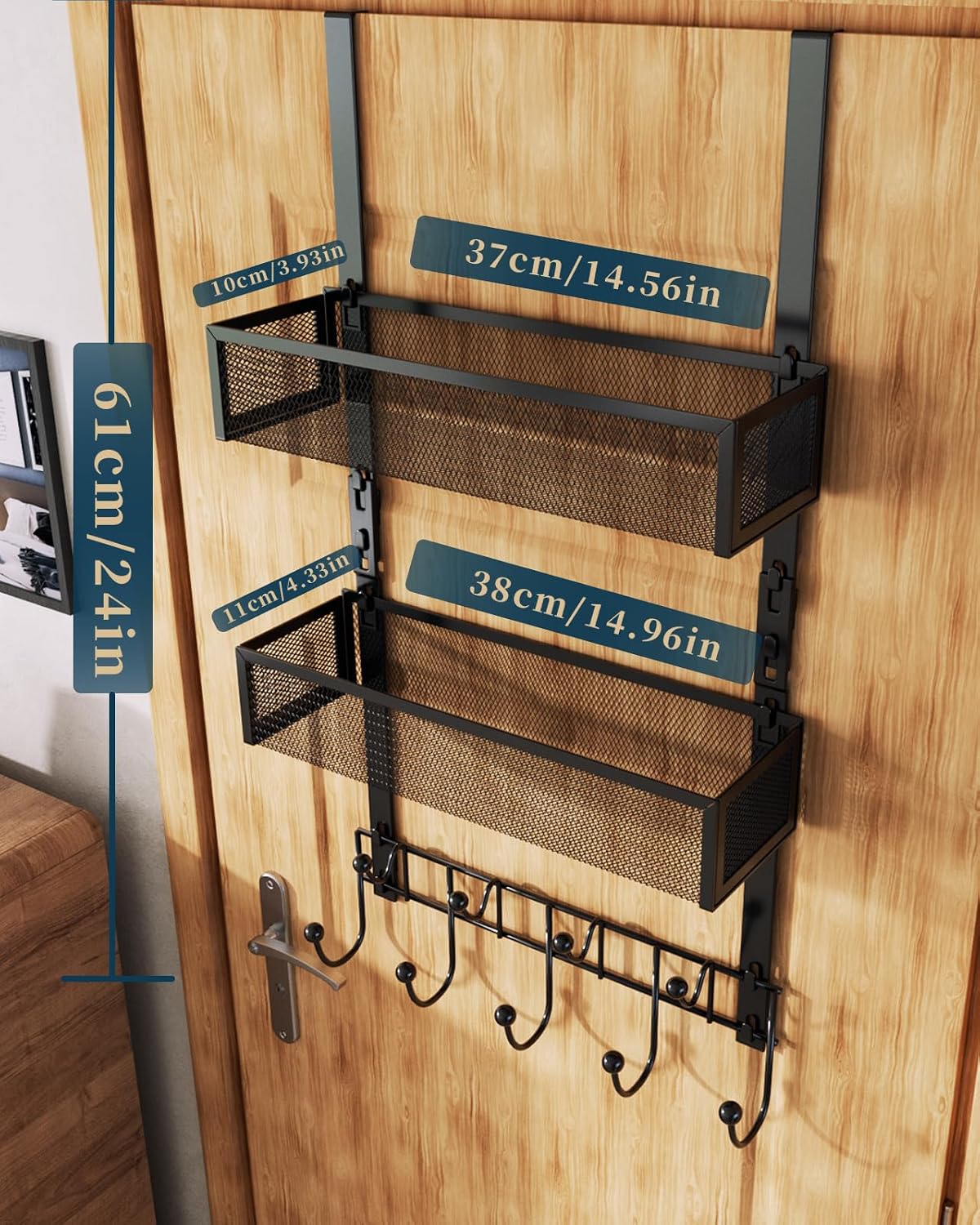 Over The Door Hooks Organizer - 3 Tier Door Hanger with 9 Coat Hooks & 2 Mesh Basket, Back Storage Organizer Hanging Towels for Bathroom, Bedroom, Black