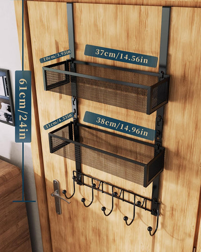 Over The Door Hooks Organizer - 3 Tier Door Hanger with 9 Coat Hooks & 2 Mesh Basket, Back Storage Organizer Hanging Towels for Bathroom, Bedroom, Black