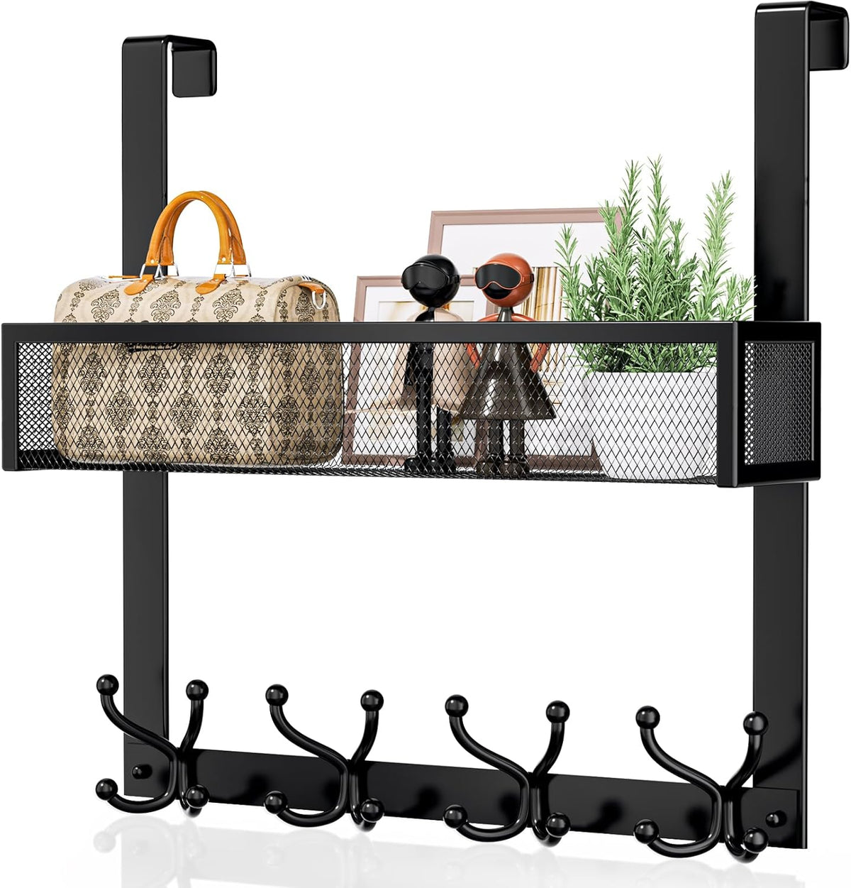 Over The Door Hooks Organizer - 3 Tier Door Hanger with 9 Coat Hooks & 2 Mesh Basket, Back Storage Organizer Hanging Towels for Bathroom, Bedroom, Black