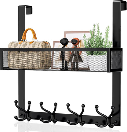 Over The Door Hooks Organizer - 3 Tier Door Hanger with 9 Coat Hooks & 2 Mesh Basket, Back Storage Organizer Hanging Towels for Bathroom, Bedroom, Black