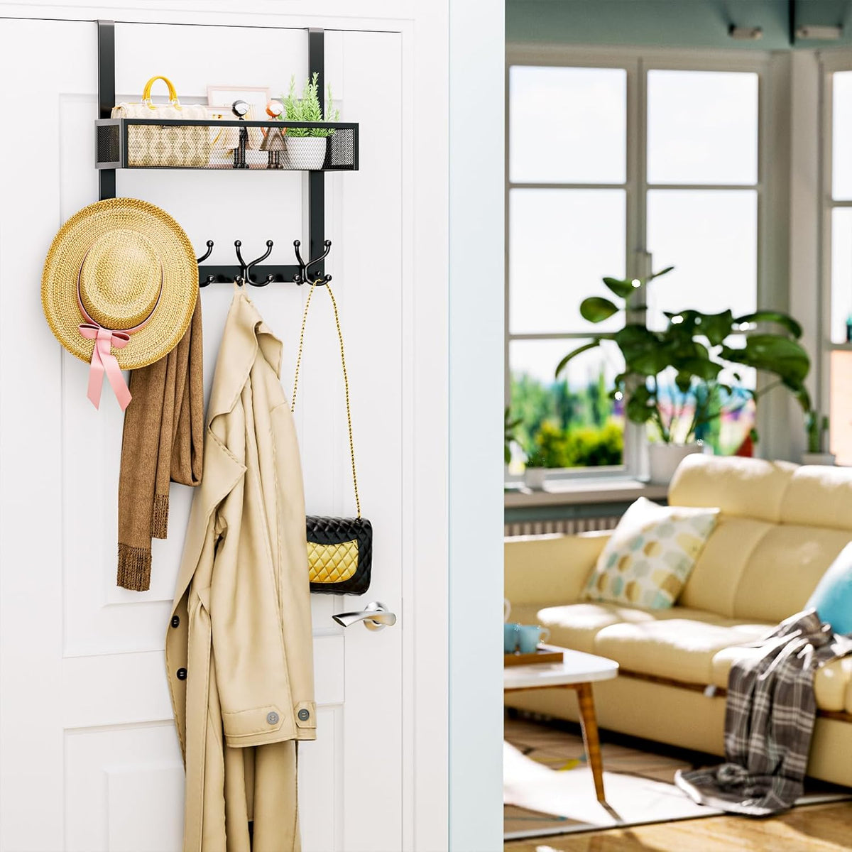 Over The Door Hooks Organizer - 3 Tier Door Hanger with 9 Coat Hooks & 2 Mesh Basket, Back Storage Organizer Hanging Towels for Bathroom, Bedroom, Black