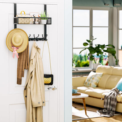 Over The Door Hooks Organizer - 3 Tier Door Hanger with 9 Coat Hooks & 2 Mesh Basket, Back Storage Organizer Hanging Towels for Bathroom, Bedroom, Black