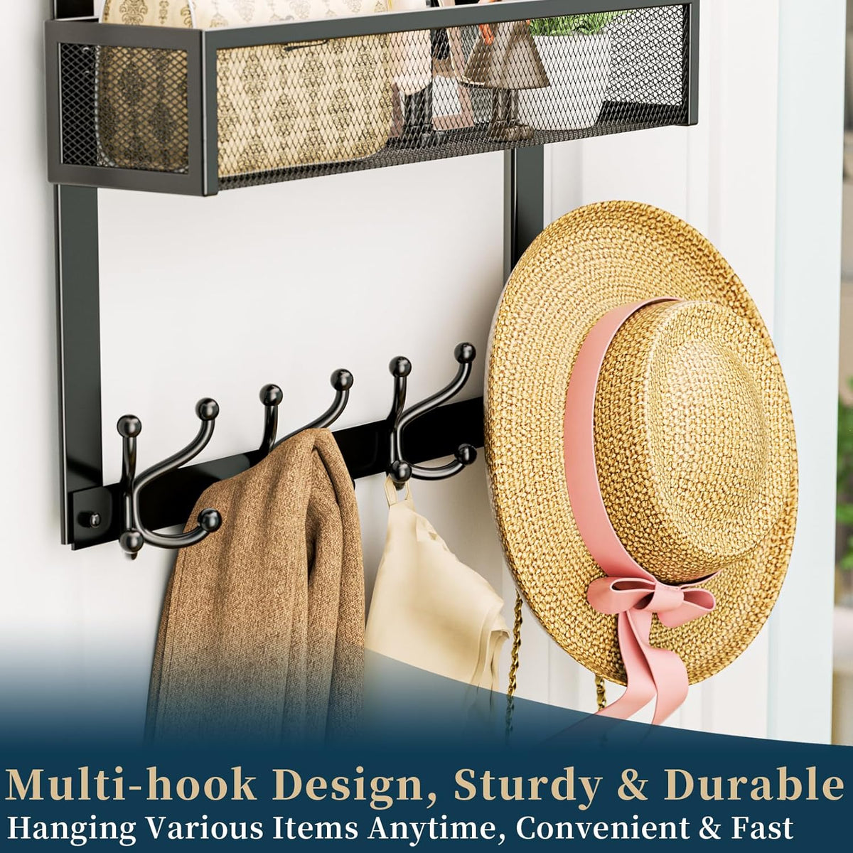 Over The Door Hooks Organizer - 3 Tier Door Hanger with 9 Coat Hooks & 2 Mesh Basket, Back Storage Organizer Hanging Towels for Bathroom, Bedroom, Black