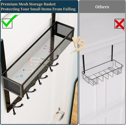 Over The Door Hooks Organizer - 3 Tier Door Hanger with 9 Coat Hooks & 2 Mesh Basket, Back Storage Organizer Hanging Towels for Bathroom, Bedroom, Black