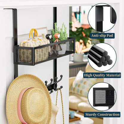 Over The Door Hooks Organizer - 3 Tier Door Hanger with 9 Coat Hooks & 2 Mesh Basket, Back Storage Organizer Hanging Towels for Bathroom, Bedroom, Black