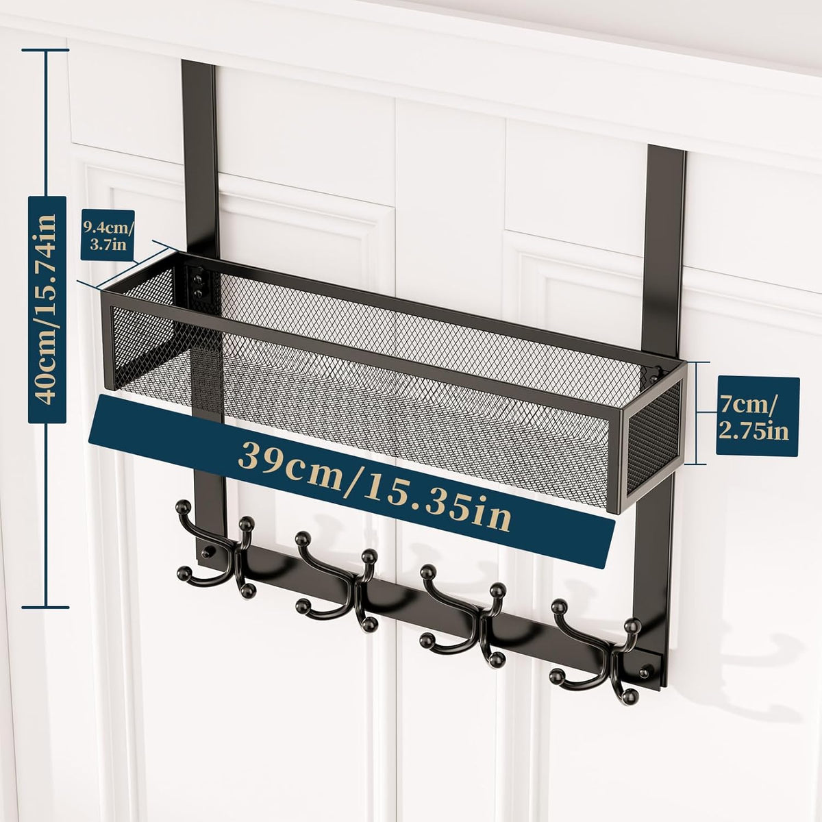 Over The Door Hooks Organizer - 3 Tier Door Hanger with 9 Coat Hooks & 2 Mesh Basket, Back Storage Organizer Hanging Towels for Bathroom, Bedroom, Black