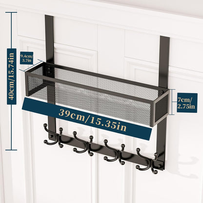 Over The Door Hooks Organizer - 3 Tier Door Hanger with 9 Coat Hooks & 2 Mesh Basket, Back Storage Organizer Hanging Towels for Bathroom, Bedroom, Black