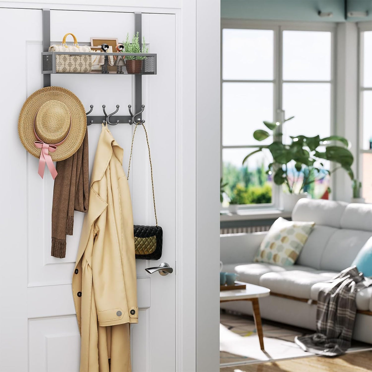 Over The Door Hooks Organizer - 3 Tier Door Hanger with 9 Coat Hooks & 2 Mesh Basket, Back Storage Organizer Hanging Towels for Bathroom, Bedroom, Black