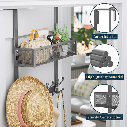 Over The Door Hooks Organizer - 3 Tier Door Hanger with 9 Coat Hooks & 2 Mesh Basket, Back Storage Organizer Hanging Towels for Bathroom, Bedroom, Black
