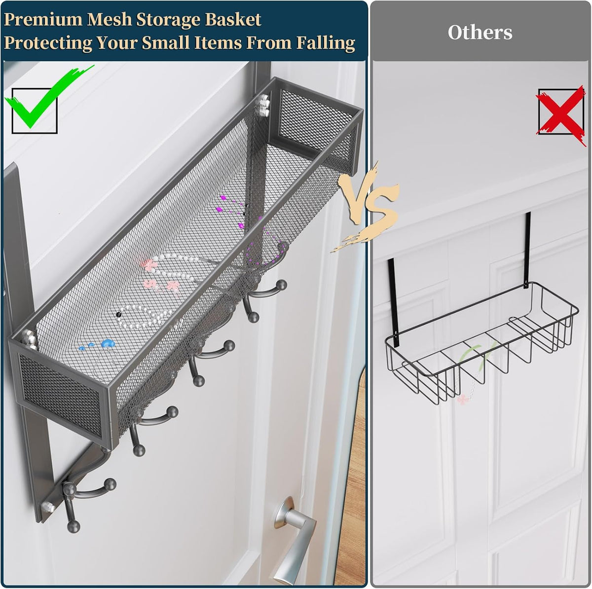 Over The Door Hooks Organizer - 3 Tier Door Hanger with 9 Coat Hooks & 2 Mesh Basket, Back Storage Organizer Hanging Towels for Bathroom, Bedroom, Black