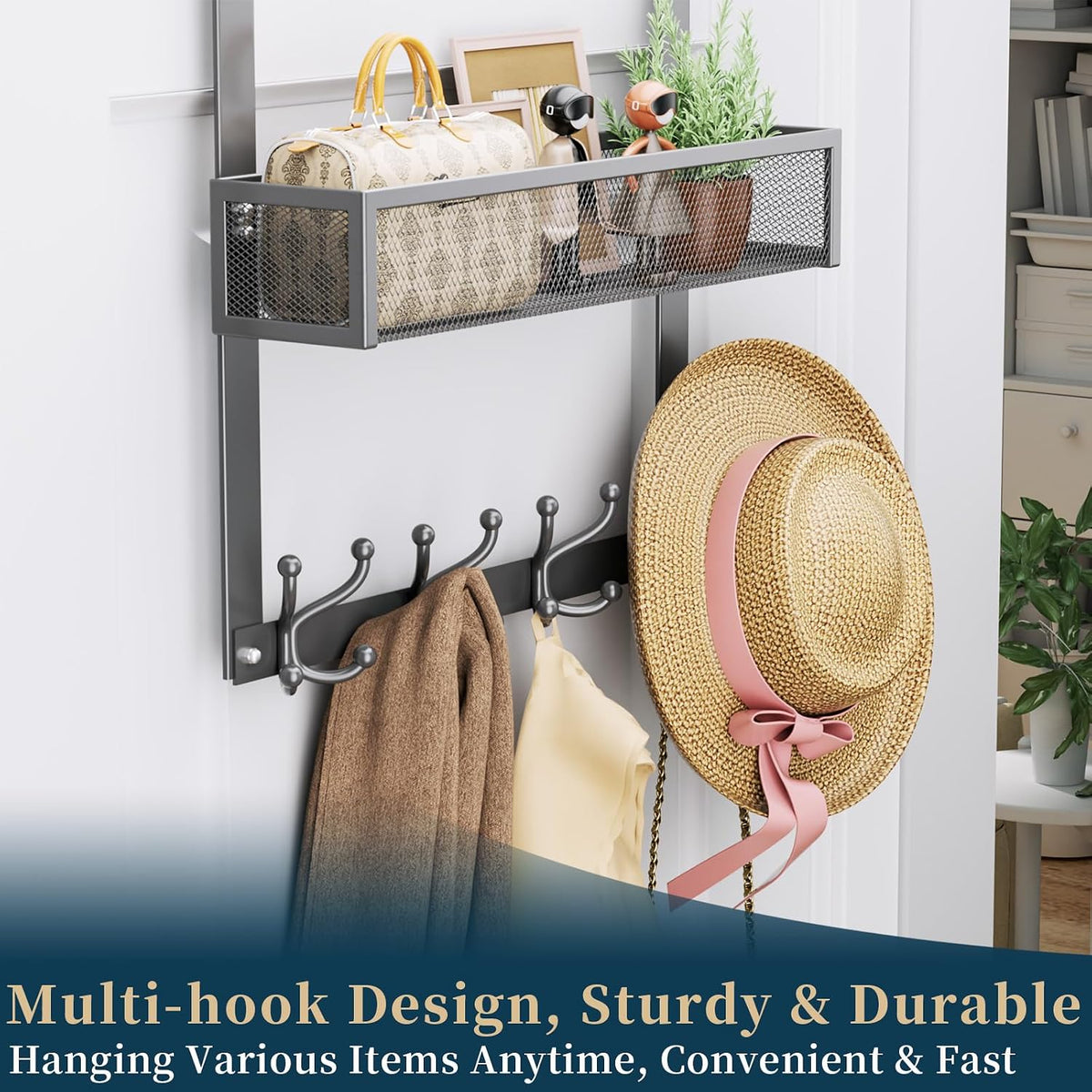 Over The Door Hooks Organizer - 3 Tier Door Hanger with 9 Coat Hooks & 2 Mesh Basket, Back Storage Organizer Hanging Towels for Bathroom, Bedroom, Black